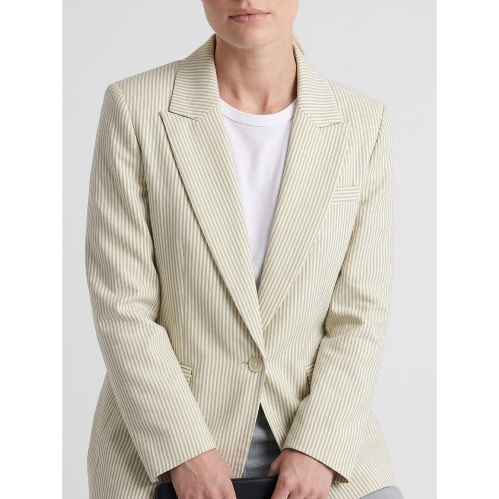 Preston & York Womens Tan Cream Striped Single Button Blazer Jacket Size 12